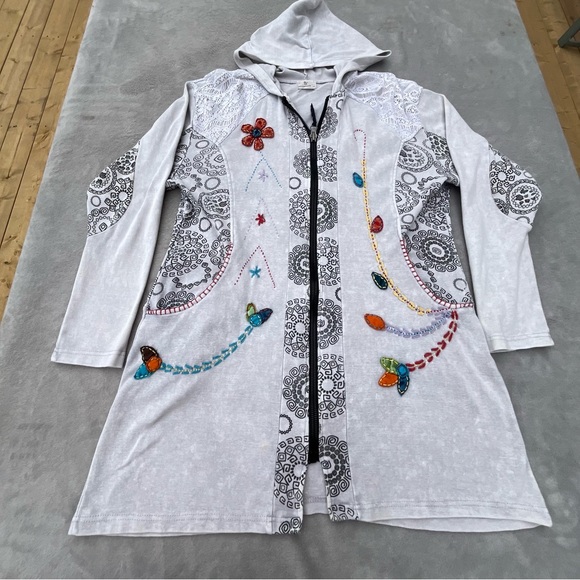 Ark Imports Boho Hippie Embroidered Full Zip Hooded Tunic Sweater Hoodie - Picture 3 of 13